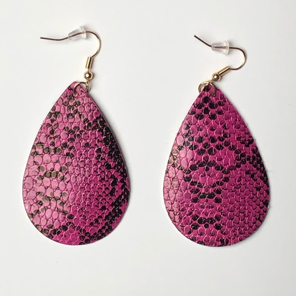 Hot Pink Snakeskin Leather Teardrop Earrings